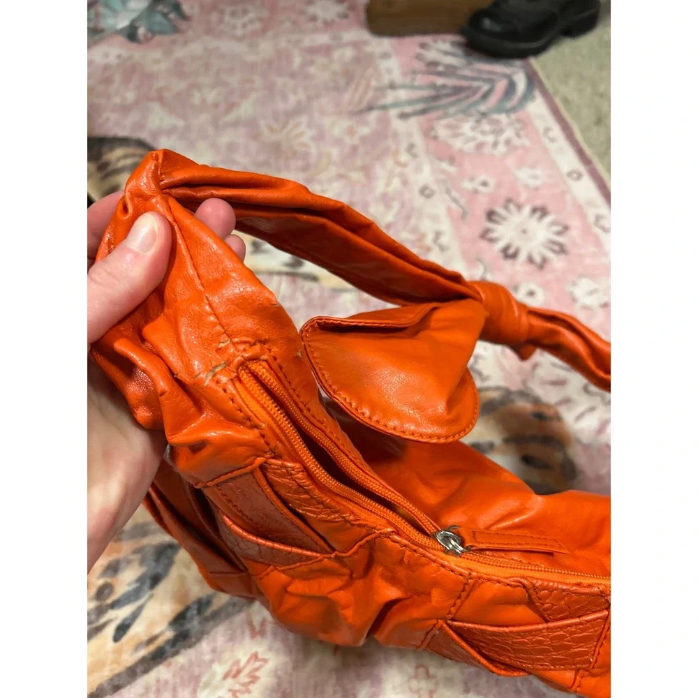 Y2K Orange Slouchy Hobo Shoulder Bag Bow‎ Detail Textured Statement